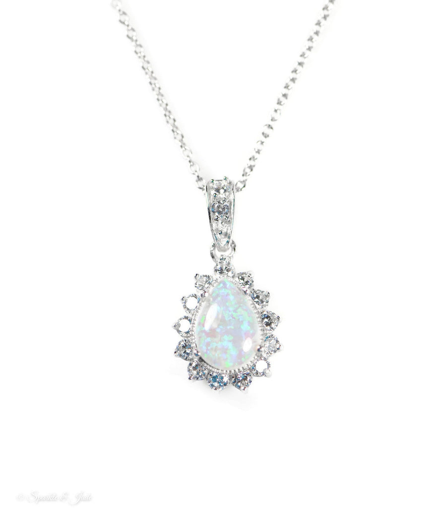 Cheryl M Sterling Silver CZ Opal Pear Halo Pendant Necklace- Sparkle & Jade-SparkleAndJade.com QCM784-18
