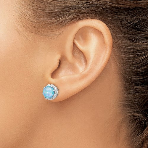Cheryl M Sterling Silver CZ & Round Blue Opal Halo Post Earrings- Sparkle & Jade-SparkleAndJade.com QCM1389