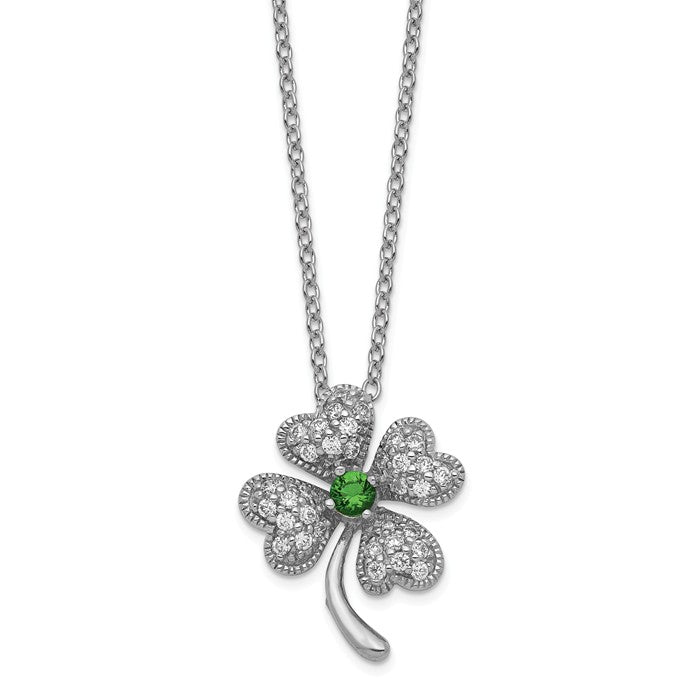 Cheryl M Sterling Silver Sim. Emerald & CZ 4-Leaf Clover Necklace- Sparkle & Jade-SparkleAndJade.com QCM367-18