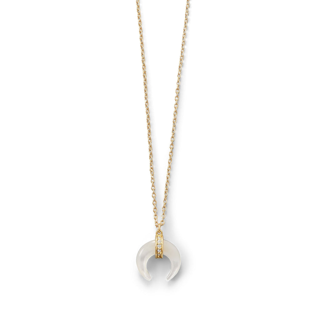 Crescent Moon Mother of Pearl with CZ Gold Plated Sterling Silver Necklace- Sparkle & Jade-SparkleAndJade.com 34266