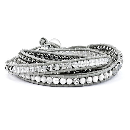 Crystal, Hematite & White Howlite Bead Leather Multi-Wrap Bead Bracelet- Sparkle & Jade-SparkleAndJade.com BF2105
