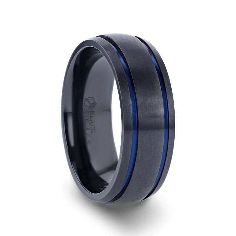 Domed Black Titanium Brushed Finish Men’s Wedding Ring with Blue Grooves – SHERIFF- Sparkle & Jade-SparkleAndJade.com T1555-BTBG