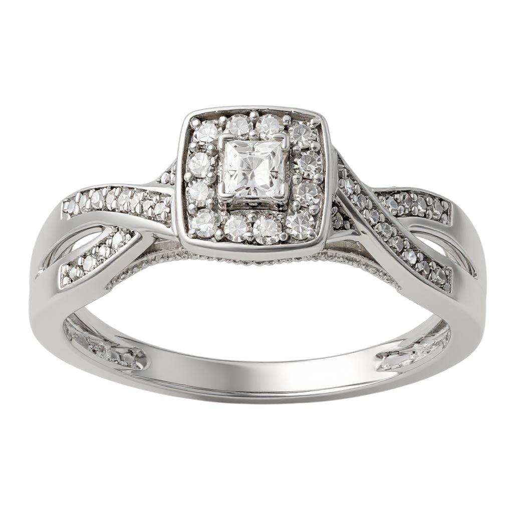 14k White Gold Princess Square Halo Diamond Side Twist Engagement Ring