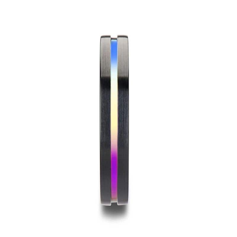 Flat Black Ceramic Ring Brushed with Rainbow Groove - 4mm 6mm or 8mm - Azure- Sparkle & Jade-SparkleAndJade.com 