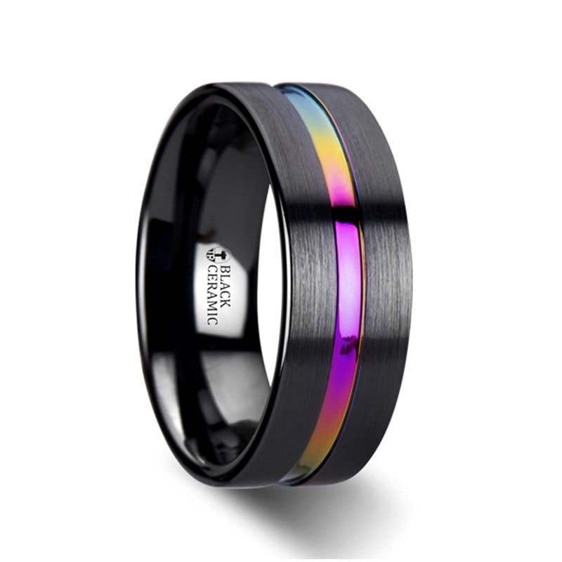 Flat Black Ceramic Ring Brushed with Rainbow Groove - 4mm 6mm or 8mm - Azure- Sparkle & Jade-SparkleAndJade.com W2965-BCRB
