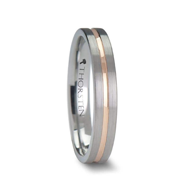 Flat Brushed Finish Tungsten Carbide Ring with Rose Gold Plated Groove - 4mm - 10mm - ZEUS- Sparkle & Jade-SparkleAndJade.com W340-FBRG