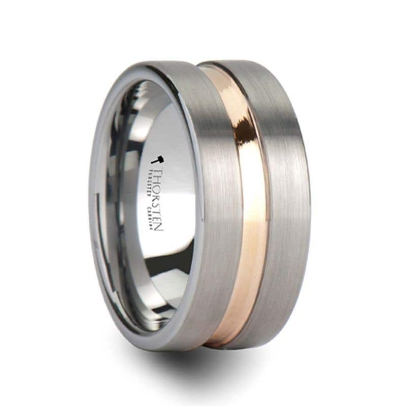 Flat Brushed Finish Tungsten Carbide Ring with Rose Gold Plated Groove - 4mm - 10mm - ZEUS- Sparkle & Jade-SparkleAndJade.com W340-FBRG