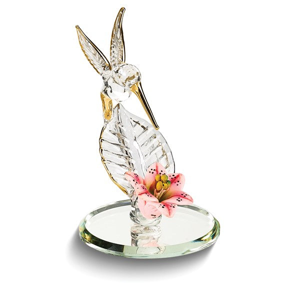 Glass Baron Small Hummingbird & Porcelain Lily Pink Flower Glass Figurine- Sparkle & Jade-SparkleAndJade.com GL3736 K0 695P