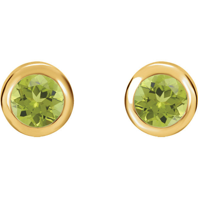 Genuine Peridot 4mm Round Bezel Set Earrings - 14k White or Yellow Gold- Sparkle & Jade-SparkleAndJade.com 