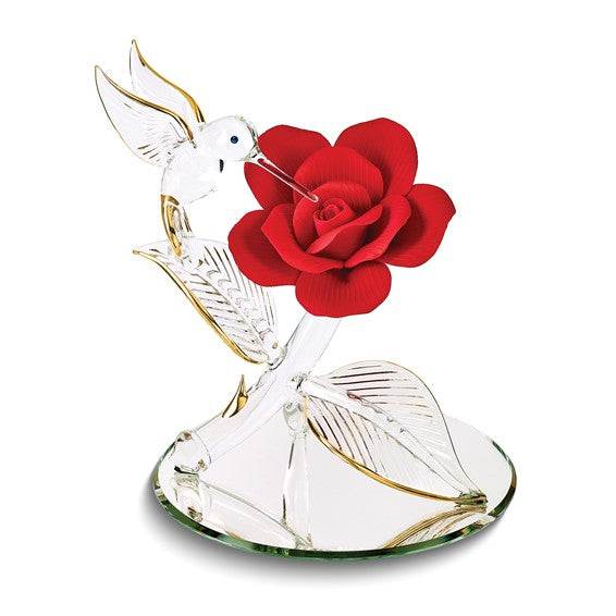 Glass Hummingbird Red Porcelain Rose Figurine w/ 22k Gold- Sparkle & Jade-SparkleAndJade.com GM15137