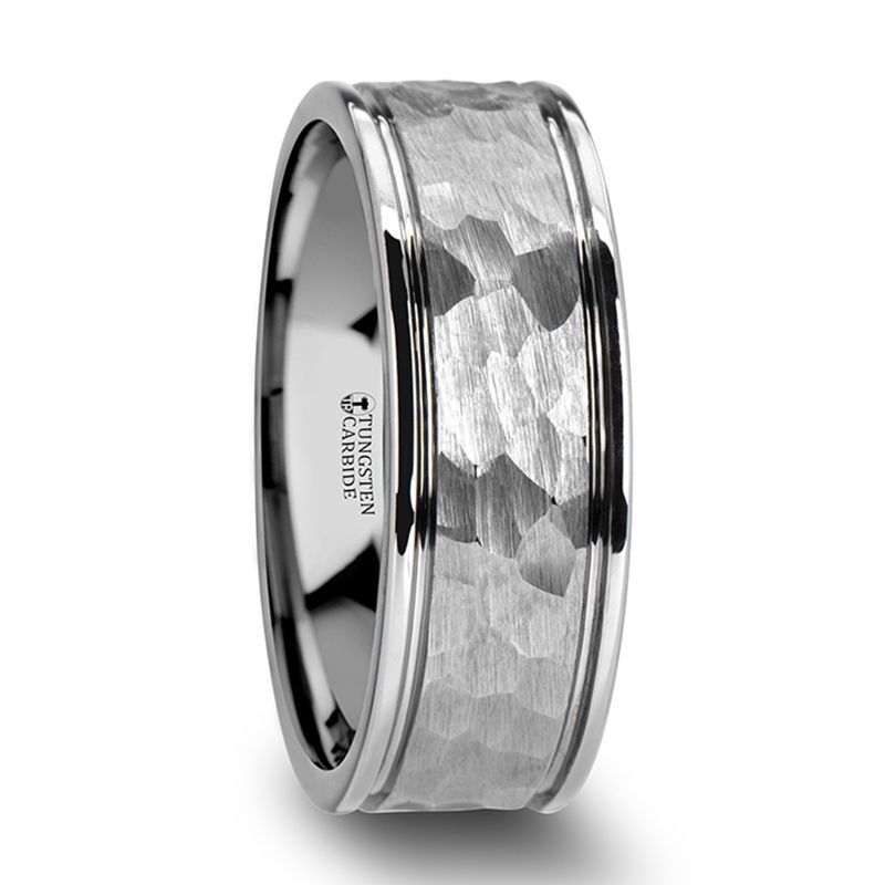 Hammered Finish Center White Tungsten Carbide Wedding Band with Dual Offset Grooves and Polished Edges - 6mm or 8mm - THORNTON- Sparkle & Jade-SparkleAndJade.com W2049-DGHF