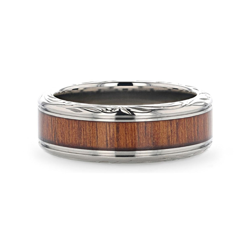 Koa Wood Inlaid Titanium Wedding Ring w/ Detailed Edges 6-10mm - OHANA- Sparkle & Jade-SparkleAndJade.com 