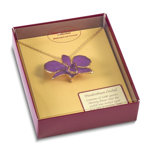 Lacquer Dipped 24k Gold Trimmed Purple Dendrobium Orchid 20" Necklace- Sparkle & Jade-SparkleAndJade.com BF2020-20