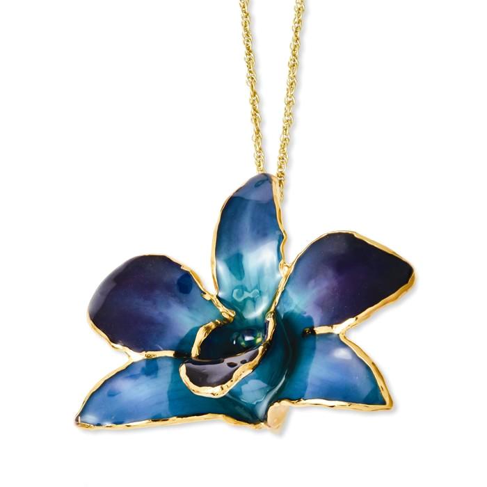 Lacquer Dipped Gold Trimmed Blue and Purple Dendrobium Real Orchid Necklace- Sparkle & Jade-SparkleAndJade.com 689BLPB BF2019-20