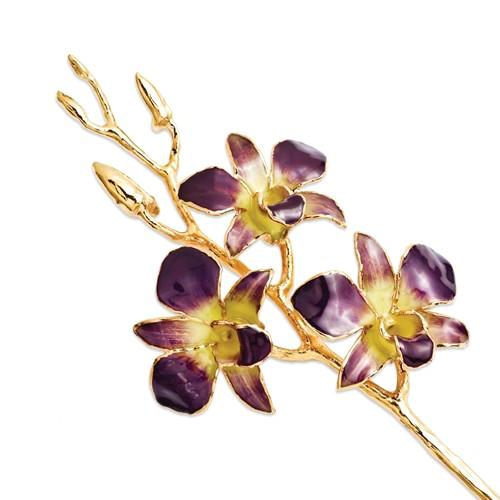 Lacquer Dipped 24k Gold Trimmed Purple and Yellow Dendrobium Orchid Stem- Sparkle & Jade-SparkleAndJade.com GM8323