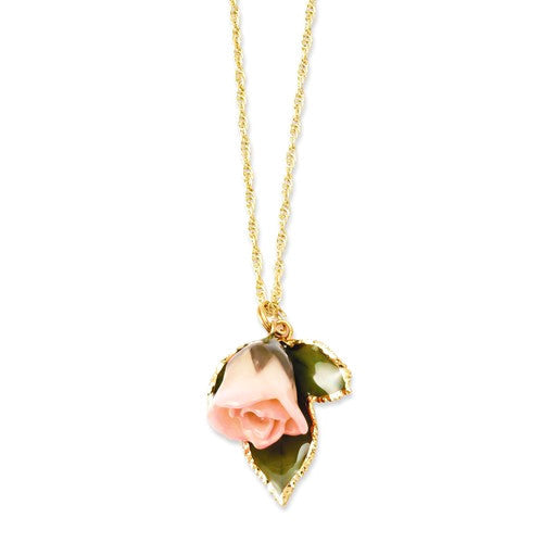 Lacquer Dipped 24k Gold Trim Real Cream & Pink Rose with Leaf Necklace- Sparkle & Jade-SparkleAndJade.com BF1996-20