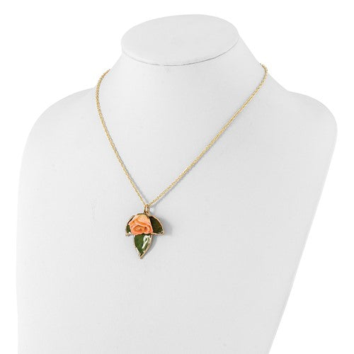 Lacquer Dipped 24k Gold Trim Real Cream & Pink Rose with Leaf Necklace- Sparkle & Jade-SparkleAndJade.com BF1996-20