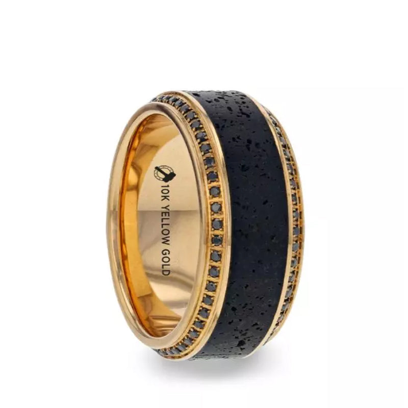 Lava Inlaid 10K Yellow Gold Wedding Ring Polished Beveled Edges Set with Round Black Diamonds - 10mm - HYPERION- Sparkle & Jade-SparkleAndJade.com T1571-GLBD