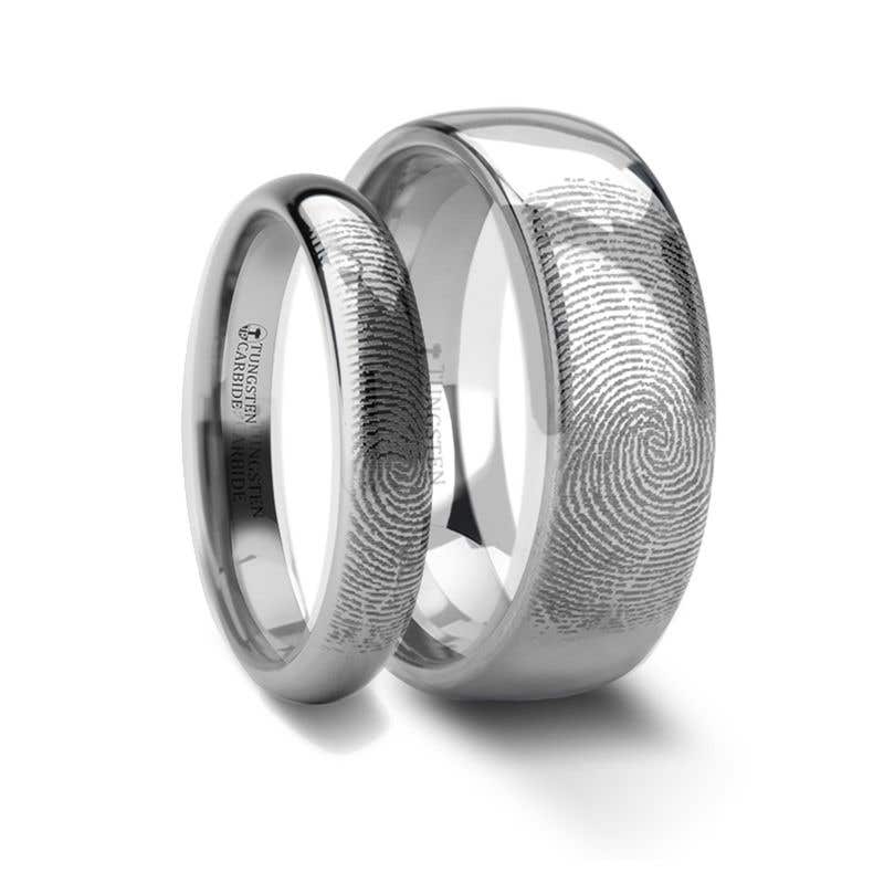 Matching Ring Set Fingerprint Engraved Domed Tungsten Ring Polished- 4mm & 8mm- Sparkle & Jade-SparkleAndJade.com F860-DPTC-MTCH