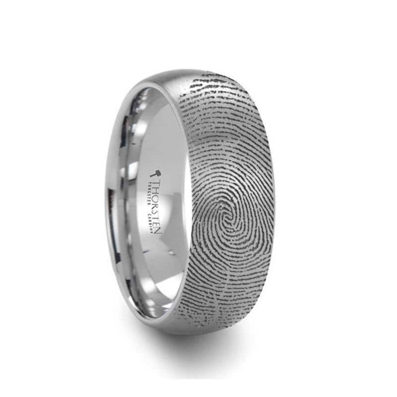 Matching Ring Set Fingerprint Ring Engraved Domed Tungsten Ring Brushed Ring- 4mm & 8mm- Sparkle & Jade-SparkleAndJade.com F1299-FBBT-MTCH