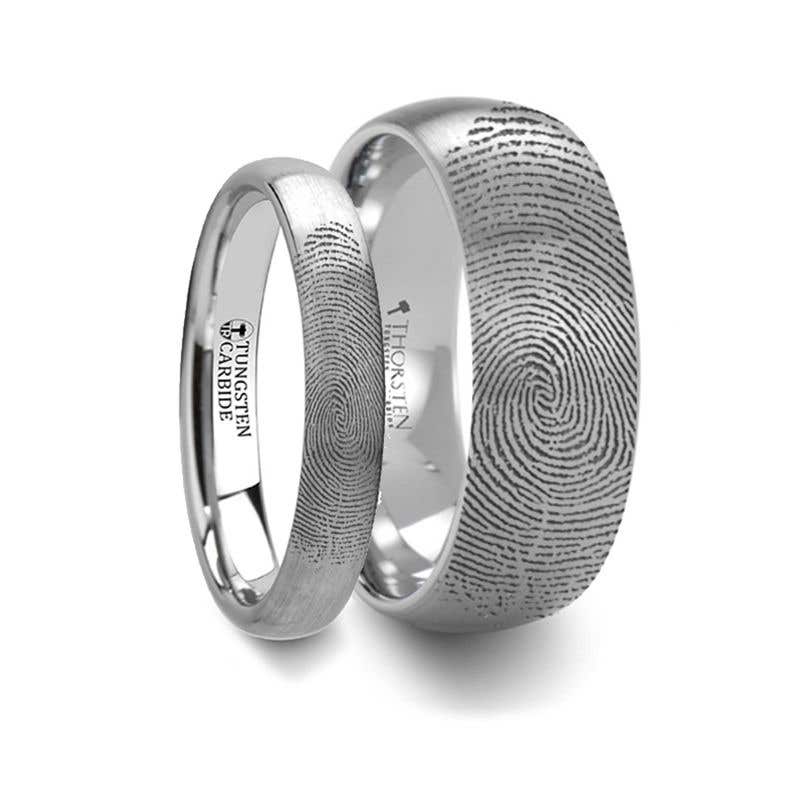 Matching Ring Set Fingerprint Ring Engraved Domed Tungsten Ring Brushed Ring- 4mm & 8mm- Sparkle & Jade-SparkleAndJade.com F1299-FBBT-MTCH
