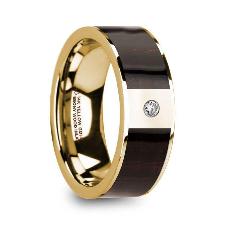 Men’s 14k Yellow Gold with Ebony Wood Inlay Flat Wedding Ring with Diamond Center - 8mm - SERGIOS- Sparkle & Jade-SparkleAndJade.com 