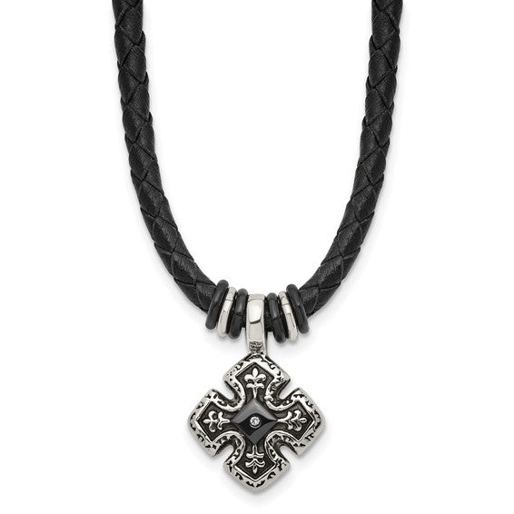Men's Stainless Steel Polished Black IP Cross Braided Black Leather Necklace- Sparkle & Jade-SparkleAndJade.com SRN2076-21