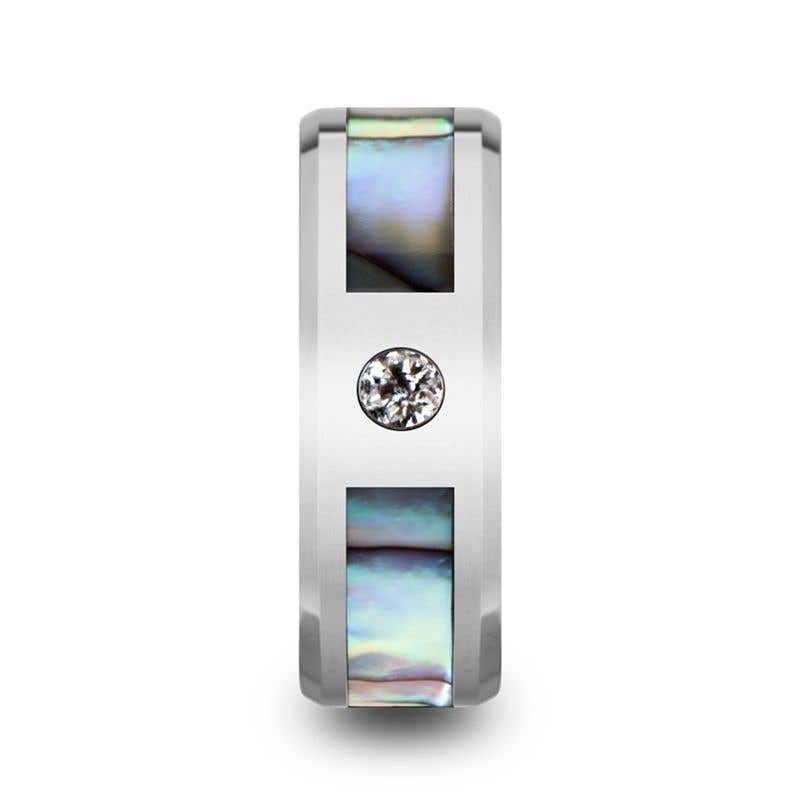 Mother of Pearl Inlay Tungsten Carbide Ring with Beveled Edges and White Diamond - 8mm - HONOLULU- Sparkle & Jade-SparkleAndJade.com 