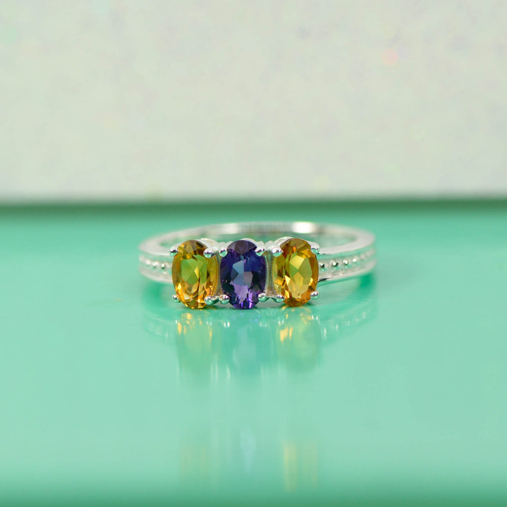 Oval Birthstone Mother's Family Ring with Beaded Band- Sparkle & Jade-SparkleAndJade.com 