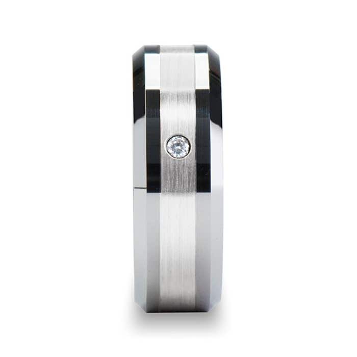 Platinum Inlaid Beveled Tungsten Ring with Diamond - 8mm - LAURENT- Sparkle & Jade-SparkleAndJade.com 