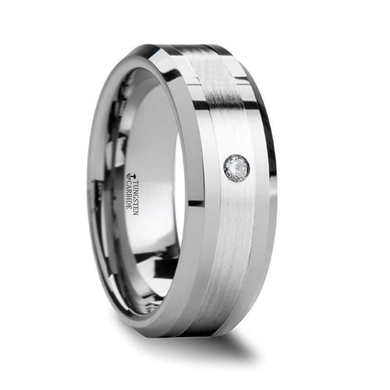 Platinum Inlaid Beveled Tungsten Ring with Diamond - 8mm - LAURENT- Sparkle & Jade-SparkleAndJade.com 