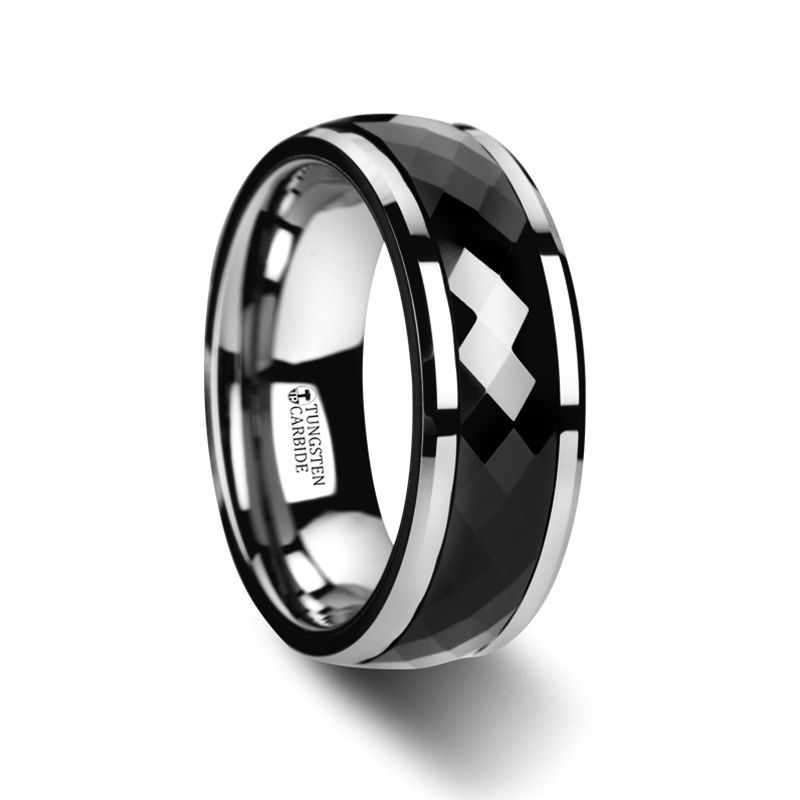 Polished Diamond Faceted Black Ceramic Spinner Ring with Beveled Edges - 8mm - HICKOK- Sparkle & Jade-SparkleAndJade.com 