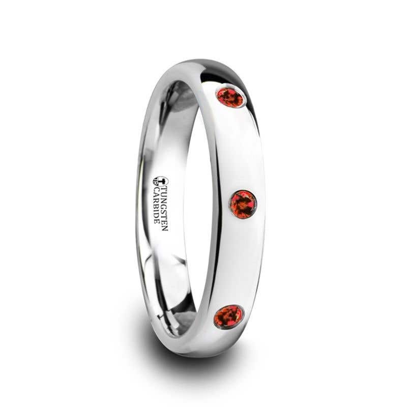 Polished and Domed Tungsten Carbide Wedding Ring with 3 Red Rubies Setting - 4mm - MAERA- Sparkle & Jade-SparkleAndJade.com 