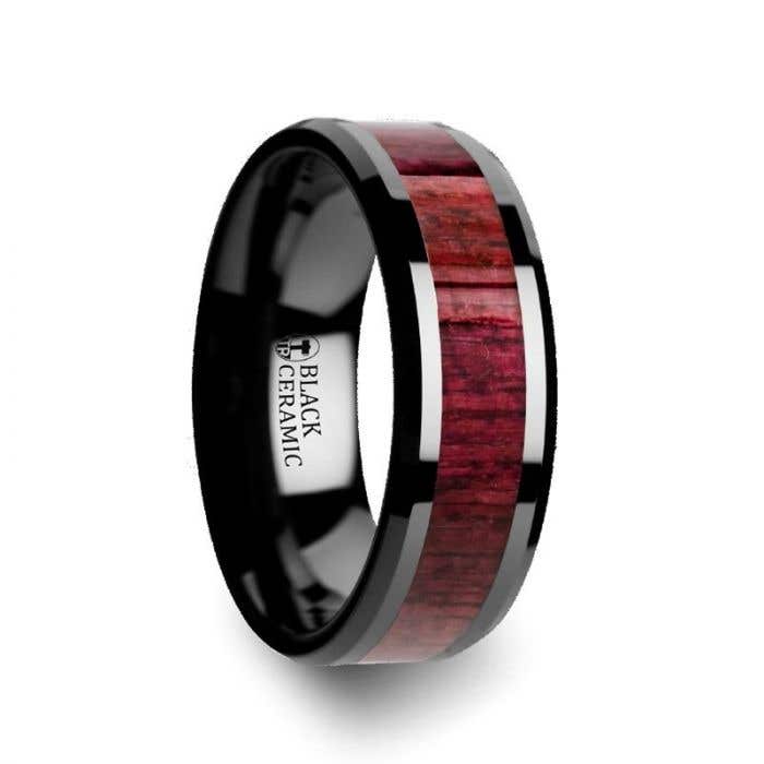 Purple Heart Wood Inlaid Black Ceramic Ring with Beveled Edges - 8mm - Morado- Sparkle & Jade-SparkleAndJade.com 