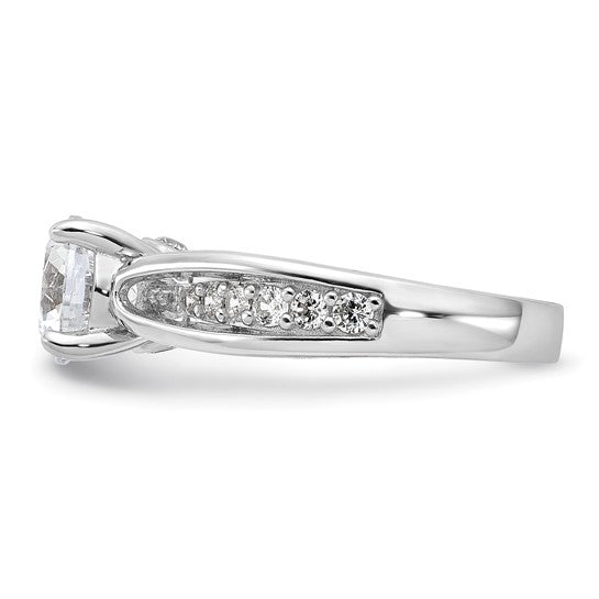 Sterling Silver Brilliant-cut 7.5mm Round CZ with Side Stones Ring- Sparkle & Jade-SparkleAndJade.com 