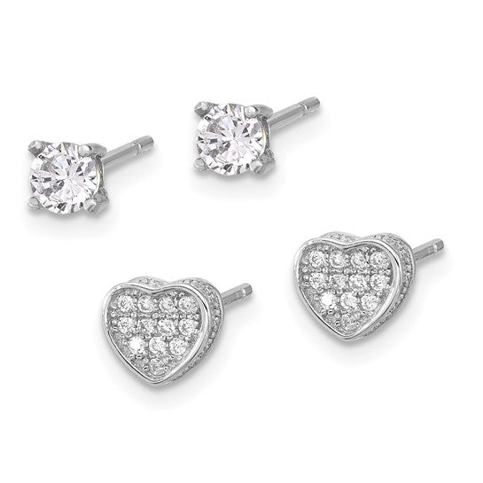Sterling Silver Pavé CZ Heart & 4mm CZ Stud Post Earrings Set- Sparkle & Jade-SparkleAndJade.com QE16719SET