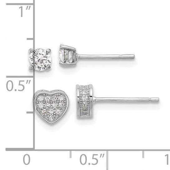 Sterling Silver Pavé CZ Heart & 4mm CZ Stud Post Earrings Set- Sparkle & Jade-SparkleAndJade.com QE16719SET