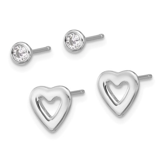 Sterling Silver Round CZ and Heart Post Earrings Set- Sparkle & Jade-SparkleAndJade.com QE16720SET