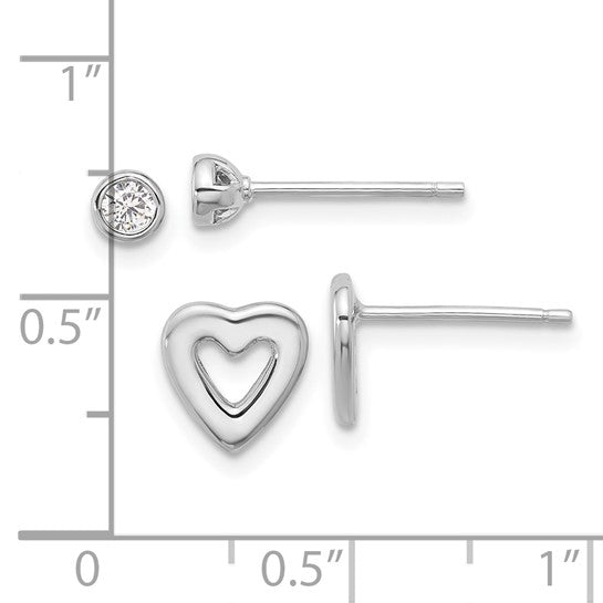 Sterling Silver Round CZ and Heart Post Earrings Set- Sparkle & Jade-SparkleAndJade.com QE16720SET