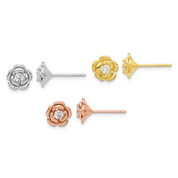 Sterling Silver Rose Gold and Yellow Gold CZ Rose 3 Pair Earrings Set- Sparkle & Jade-SparkleAndJade.com QE16729SET
