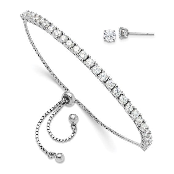 Sterling Silver CZ Adjustable Bracelet and Post Earrings Set- Sparkle & Jade-SparkleAndJade.com QG6243SET