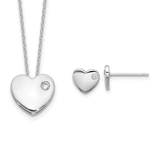 Sterling Silver CZ Heart 18in Necklace and Post Earrings Set- Sparkle & Jade-SparkleAndJade.com QG6703SET