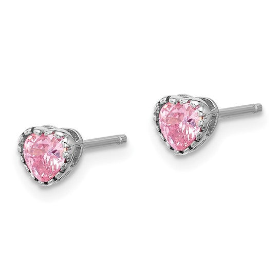 Sterling Silver Children's Pink CZ Heart Necklace and Stud Earrings Set- Sparkle & Jade-SparkleAndJade.com QG6704SET