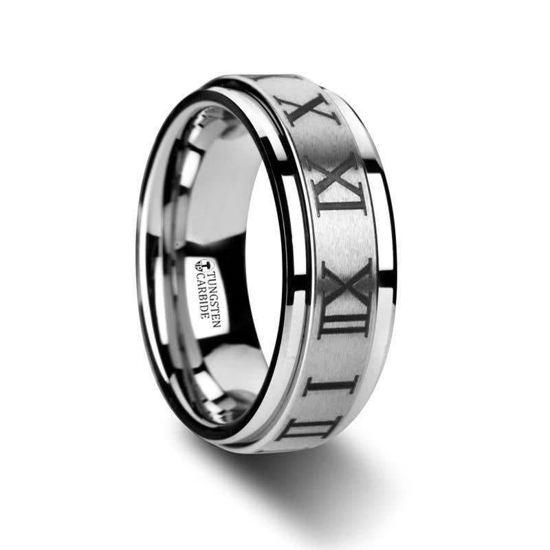 Raised Center Brush Finish Tungsten Carbide Spinner Ring with Roman Numerals - 8mm - Imperius- Sparkle & Jade-SparkleAndJade.com 