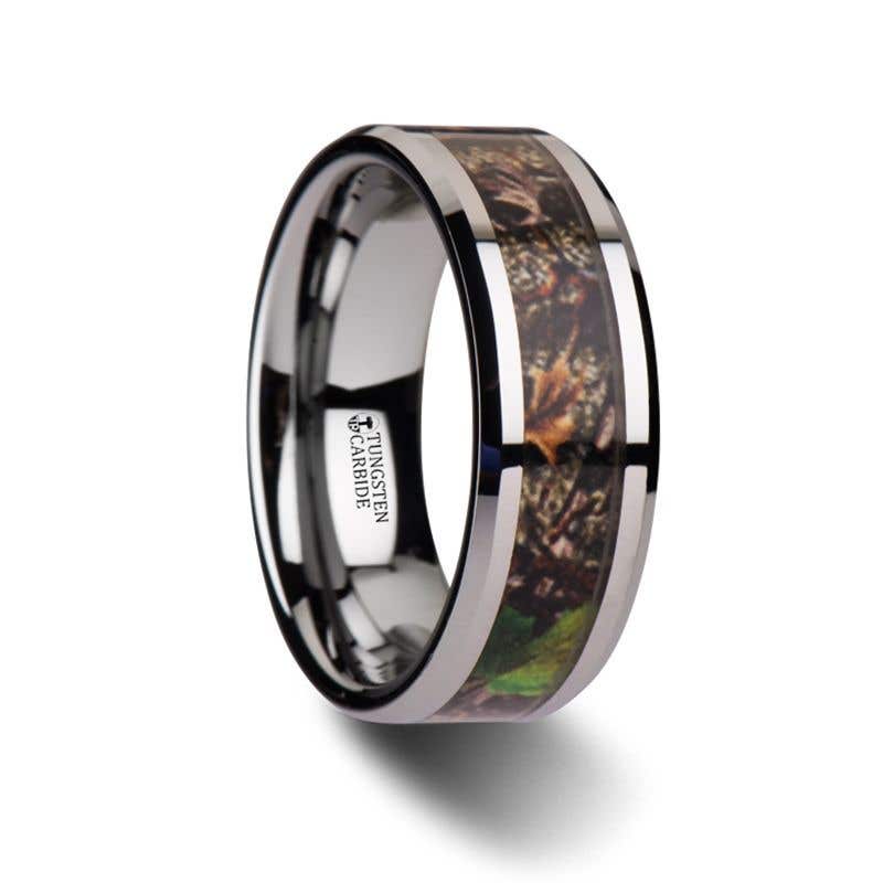 Realistic Tree Camo Tungsten Carbide Wedding Band with Green Leaves - 8mm - Overgrowth- Sparkle & Jade-SparkleAndJade.com 