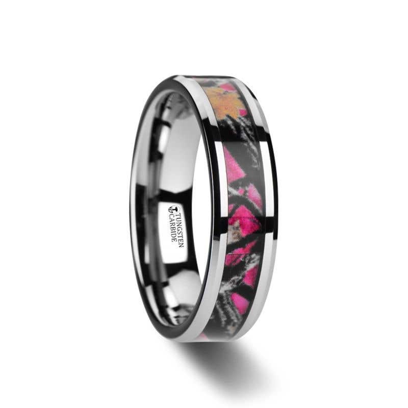 Realistic Tree Camo Tungsten Carbide Wedding Band with Real Pink Oak Leaves - 6mm - 8mm - Juliet- Sparkle & Jade-SparkleAndJade.com 