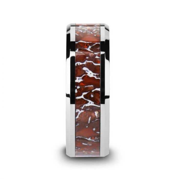 Red Dinosaur Bone Inlaid Tungsten Carbide Beveled Edged Ring - 4mm & 8mm - Jurassic- Sparkle & Jade-SparkleAndJade.com 