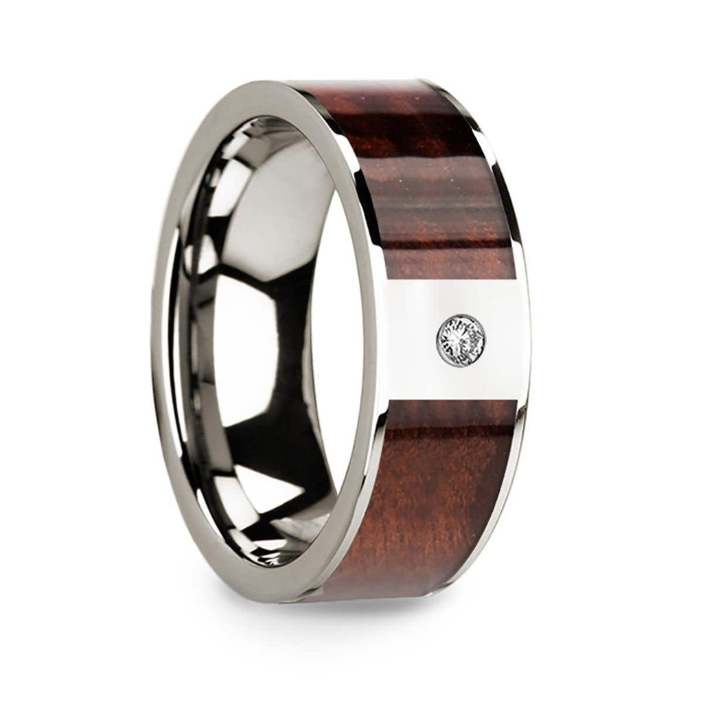 Redwood Inlaid Polished 14k White Gold Men’s Wedding Ring with Diamond Center - 8mm- Sparkle & Jade-SparkleAndJade.com 