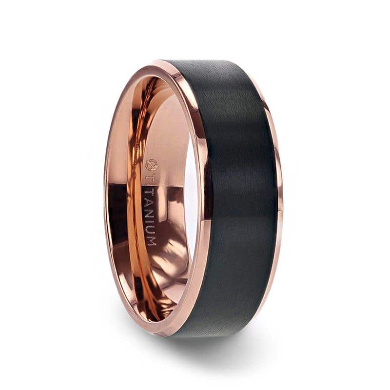 Rose Gold Plated Black Titanium Flat Brushed Center Men's Wedding Ring With Beveled Polished Edges - 6mm & 8mm - Stephen- Sparkle & Jade-SparkleAndJade.com 