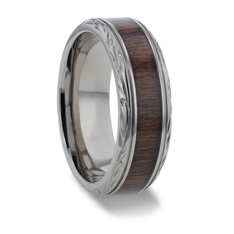 Rosewood Inlay with Detailed Beveled Edges Titanium Polished Wedding Ring - 8mm - Rosentra- Sparkle & Jade-SparkleAndJade.com 